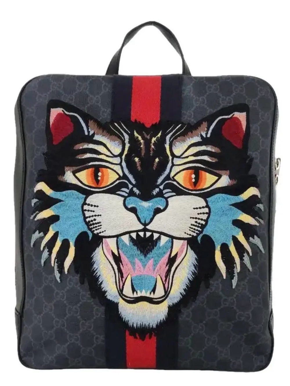 Gucci Black Graphic  Angry Cat Head Laptop Backpack with Red Blue Stripe